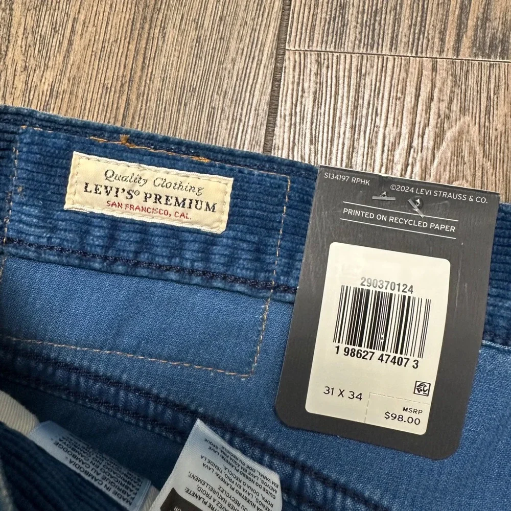 Levis Premium 568 Loose Straight Corduroy Pants Mens 31x34 Indigo Blue NEW